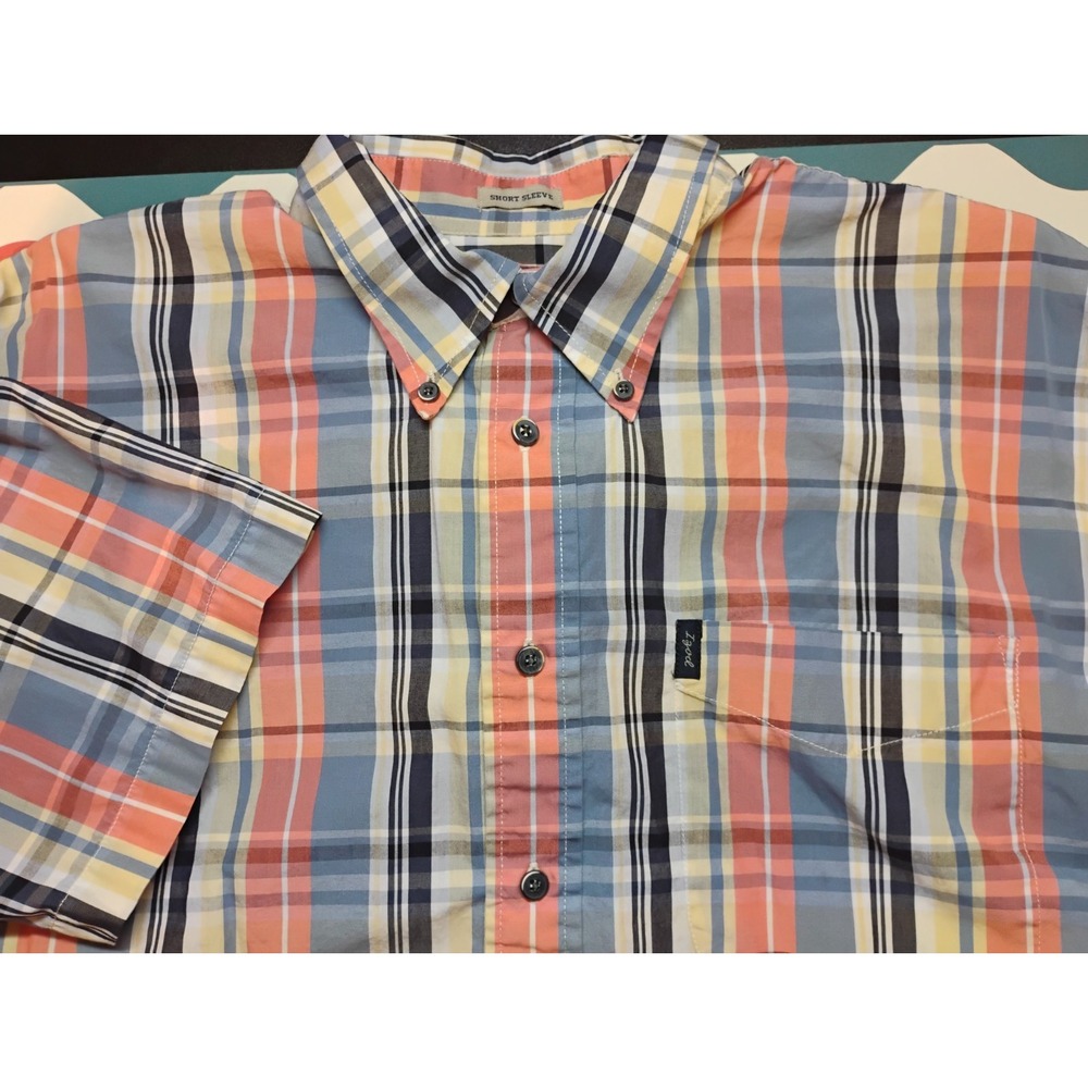 Izod Mens Short Sleeve Button Down Shirt Orange Blue Plaid Cotton Large Q